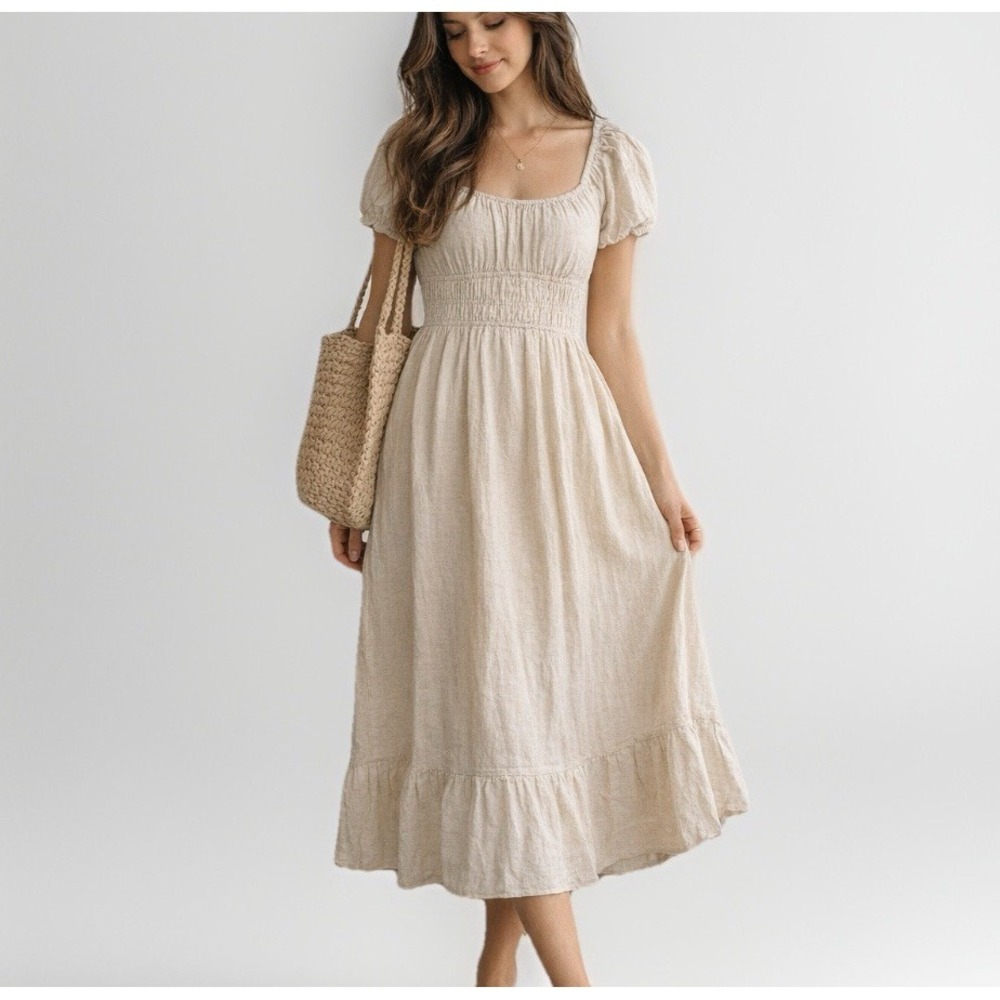 Sim & Sam Linen Blend Midi Dress S Beige Cottagecore Puff Sleeve Empire Peasant